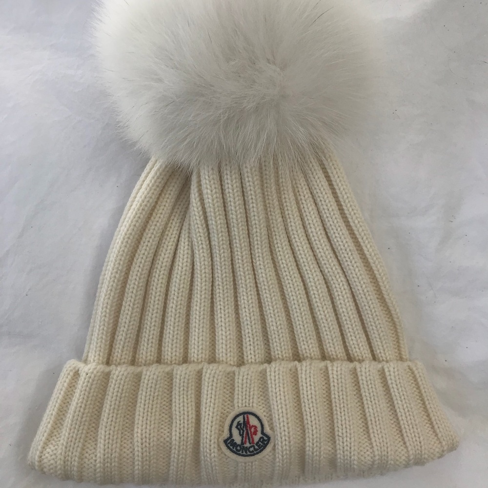 Womens Moncler Genuine Fox Fur Pom Wool Beanie